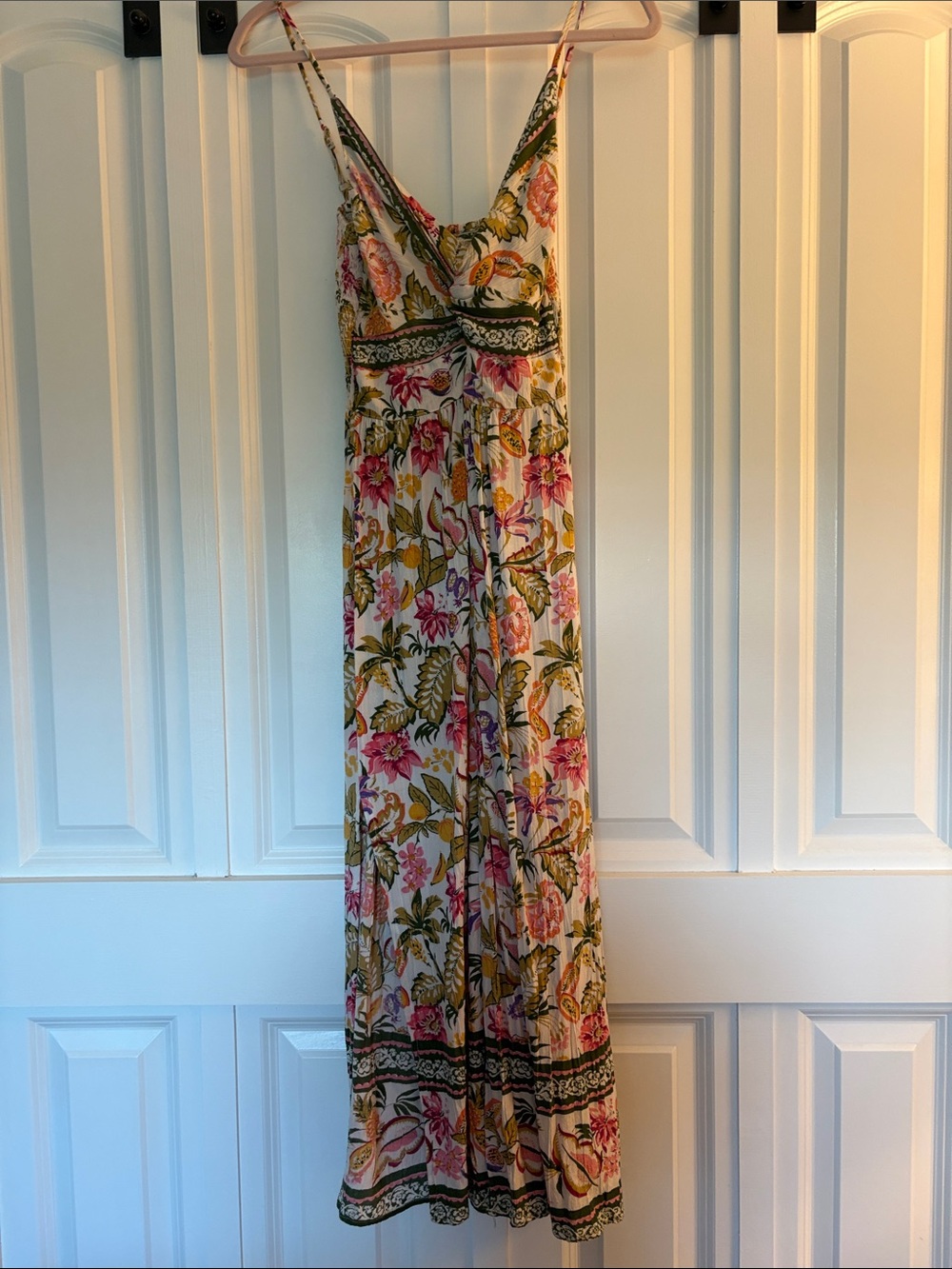 Floral V-Neck Maxi Dress with Spaghetti Straps - Pink & Green